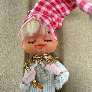 Vintage Christmas Elf Pixie Boy Ornament Red Gingham Stocking Cap Hat Pajamas